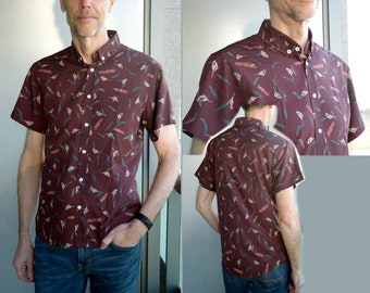 Birds and Leaves Burgundy Men's Short Sleeve Button Front Dress Shirt, Nature Lover Print Summer Top