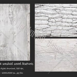 May include: Three white washed wood textures, each with a different grain pattern. The textures are digital downloads, 300 dpi, 6000x4000 pixels, and in JPG format.