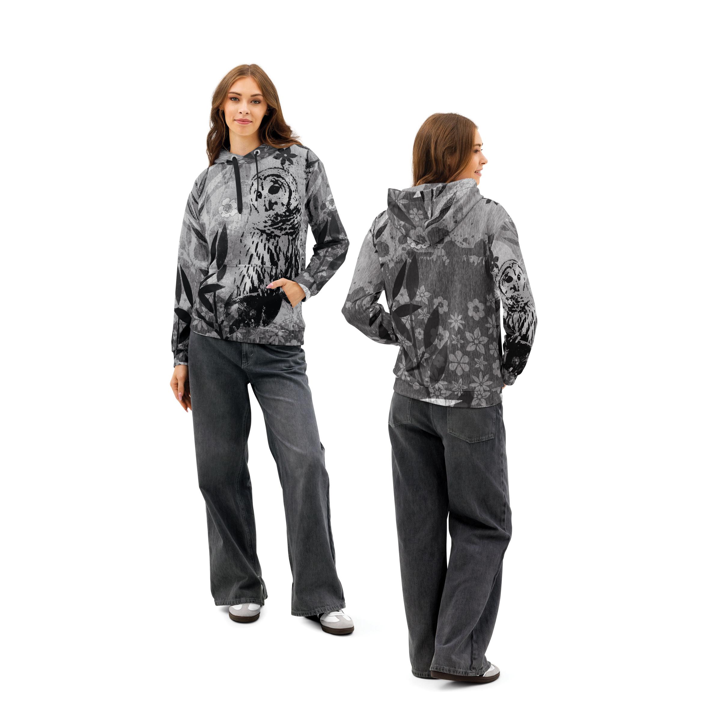 Owl and Floral Hoodie, Black and White Nature Graphic, Unisex Cotton Pullover