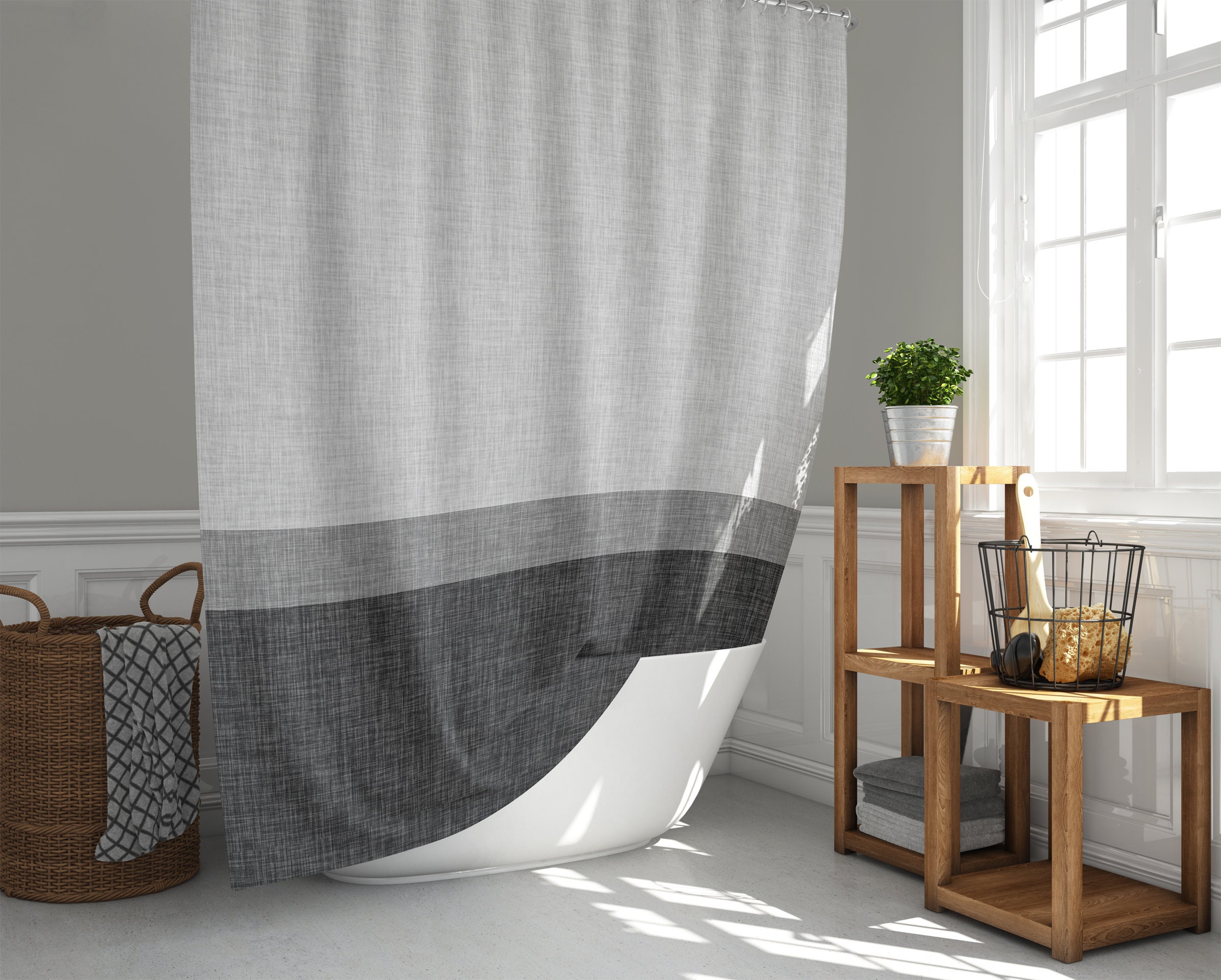 Dark Blue Grey White Shower Curtain Simple Stripe Print High | Etsy