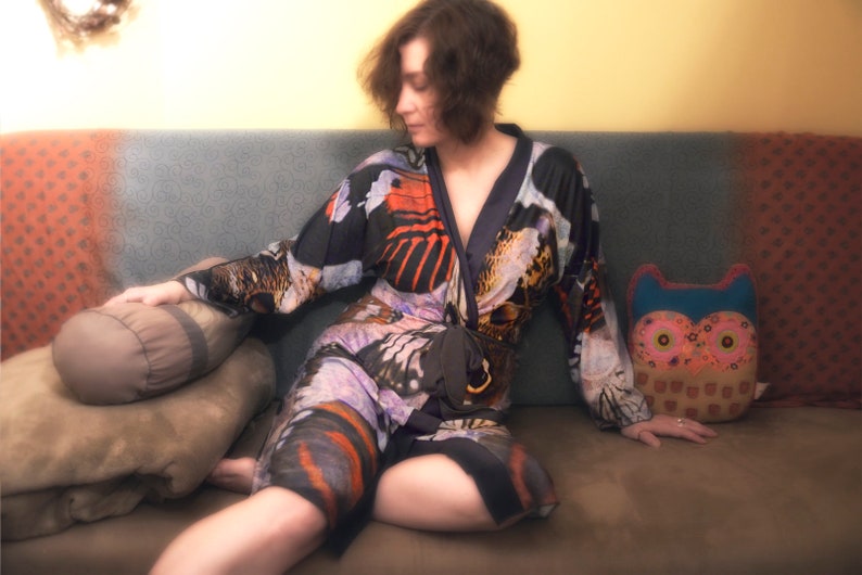 Exotic Butterfly Wings and Scrolls Peignoir Drapey Ladies/' Short Lounging Tie Belt Robe in Soft Jersey Peachskin or Poly Chiffon Fabric