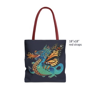 Monarch Dragon Graphic Tote Bag with Dark Blue Background, Strap Colour Options, Durable Polyester Canvas Shoulder Tote 3 Size Choices image 5