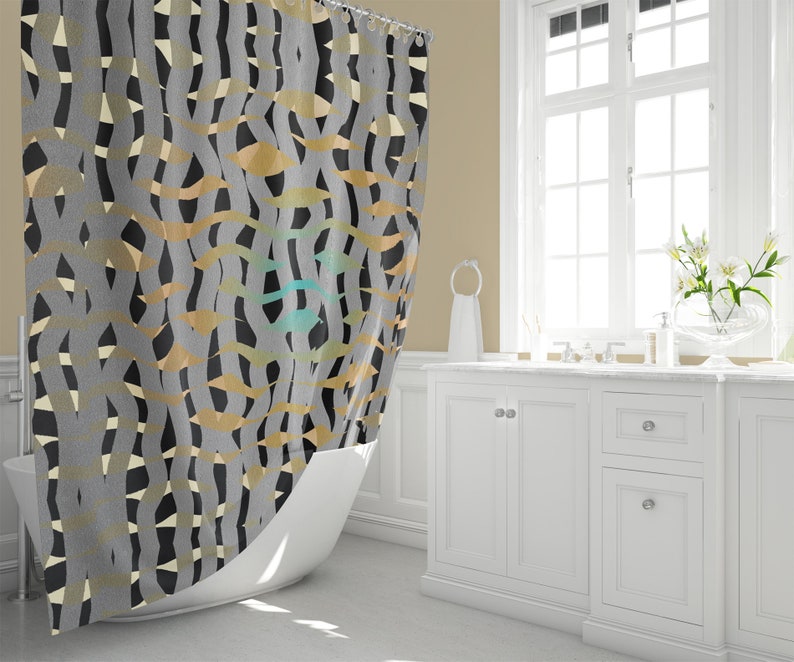 Wavy Mosaic Fabric Shower Curtain Grey Black Turquoise Orange Etsy