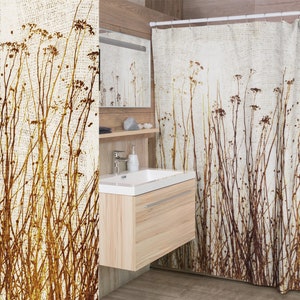 Dried Plants Primitive Gingham Pattern Shower Curtain, Modern Rustic Botanical Nature Country Home Décor, Brown Yellow Beige, Ships from USA image 3