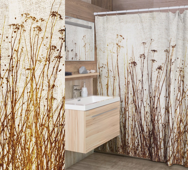 Dried Plants Primitive Gingham Pattern Shower Curtain, Modern Rustic Botanical Nature Country Home Décor, Brown Yellow Beige, Ships from USA image 3