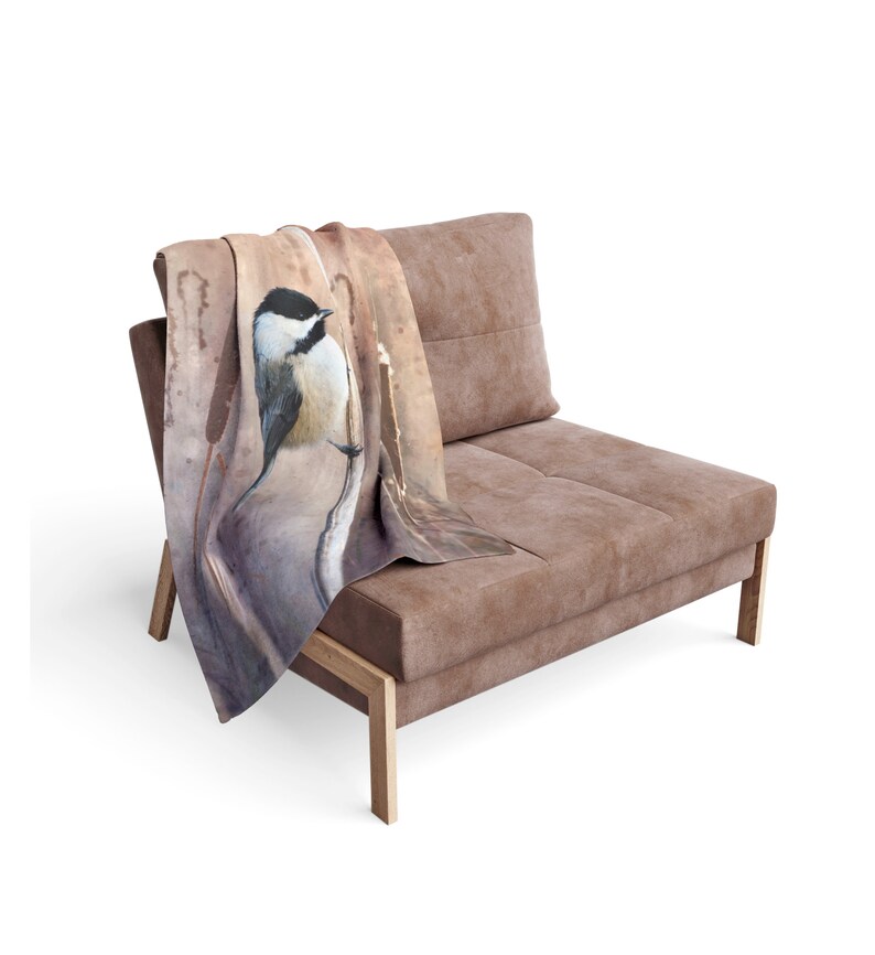 Chickadee in Marsh Fleece Blanket Neutral Colours image 3