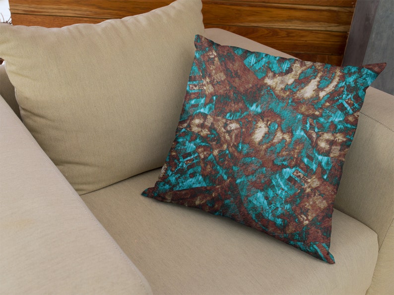 Grunge Abstract Pillow Cover, Couch or Chair Throw Cushion in Modern Distressed Scratch Print Pattern, Blue-Green Brown Tan image 3