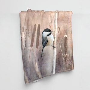 Chickadee in Marsh Fleece Blanket Neutral Colours image 1