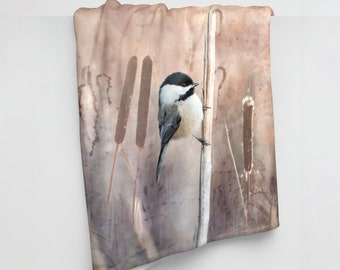 Chickadee in Marsh Fleece Blanket Neutral Colours