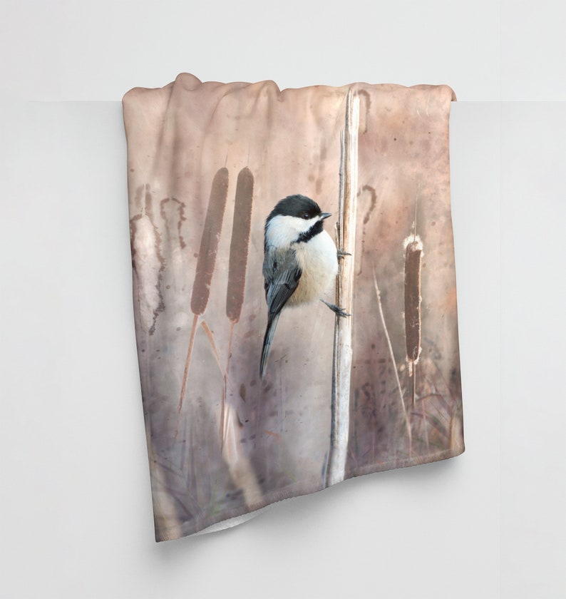 Chickadee in Marsh Fleece Blanket Neutral Colours image 1