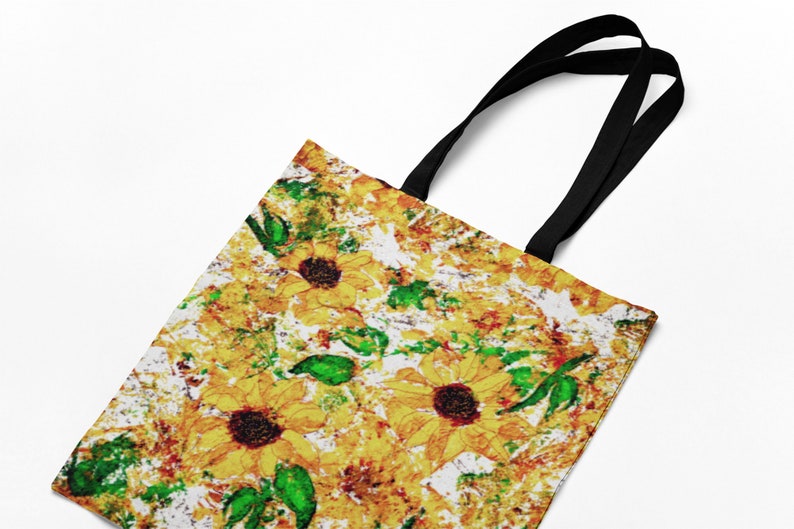 Expressionist Sunflowers Tote Bag, Summer Carryall in Bright Floral Print, Reusable Canvas Shopping Shoulder Bag, Gift for Sister image 2