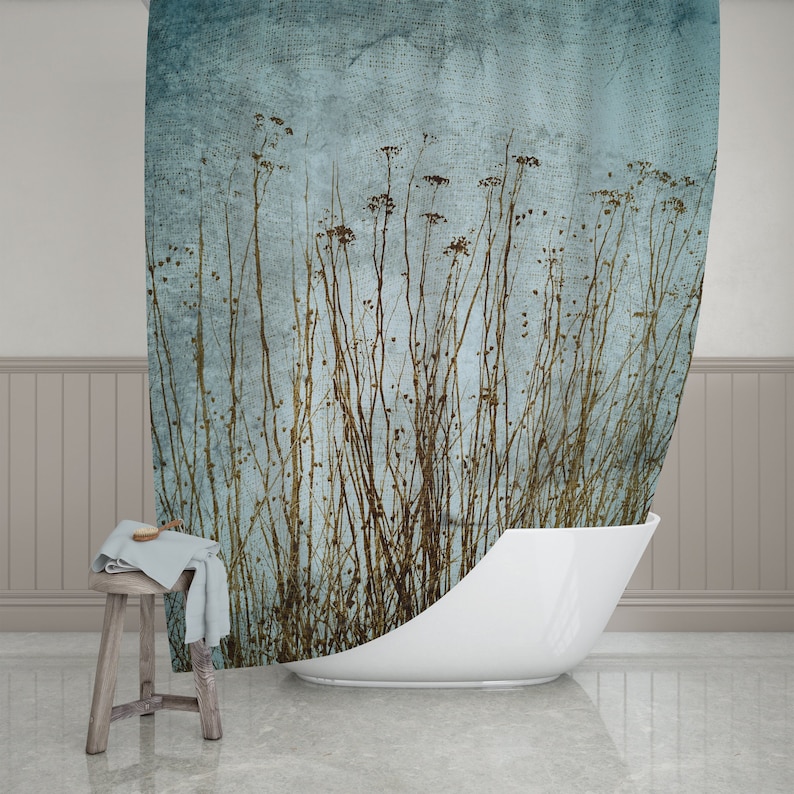 Dried Plants Blue Green Brown Grunge Print Shower Curtain Polyester Fabric, Modern Rustic Botanical Bath Décor Country Home, Ships from USA image 1