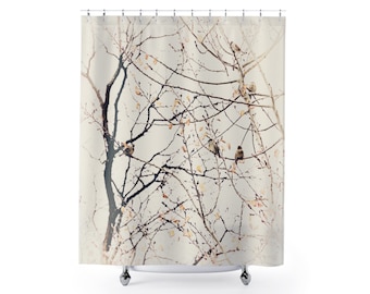 Sparrows in Tree Branches Neutral Shower Curtain Easy Care High Quality Polyester Fabric, Bird Nature Bath Décor, Ships from USA