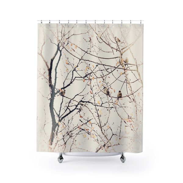 Sparrows in Tree Branches Neutral Shower Curtain Easy Care High Quality Polyester Fabric, Bird Nature Bath Décor, Ships from USA