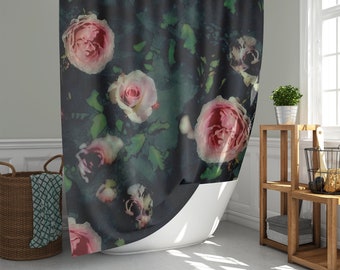 Big Pink Roses Dark Green Leaves Shower Curtain, Floral Modern Fabric Bath Decor, Ships from USA