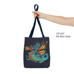 Monarch Dragon Graphic Tote Bag with Dark Blue Background, Strap Colour Options, Durable Polyester Canvas Shoulder Tote 3 Size Choices image 4