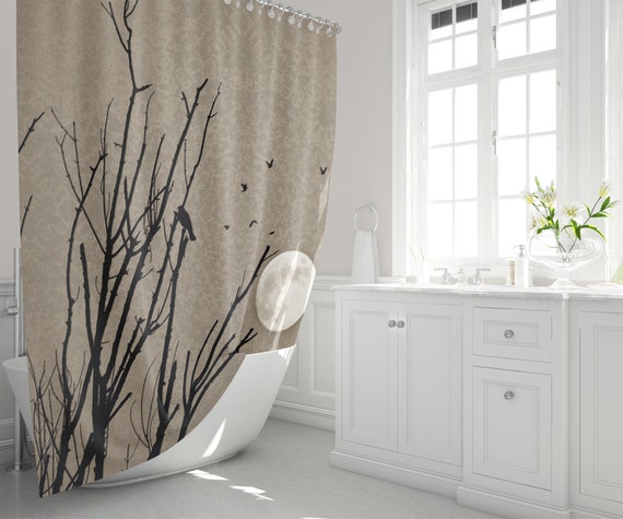 Sepia Birds And Full Moon Gothic Fabric Shower Curtain Moody Etsy