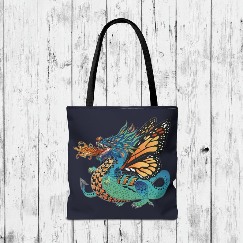 Monarch Dragon Graphic Tote Bag with Dark Blue Background, Strap Colour Options, Durable Polyester Canvas Shoulder Tote 3 Size Choices image 1