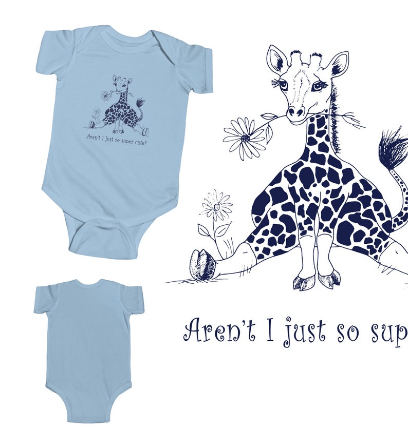 Cute Giraffe Baby Bodysuit, Infant 1 Piece Snap Up with Cartoon Zoo Animal and Flower, Expectant Mother Shower Gift Light Blue