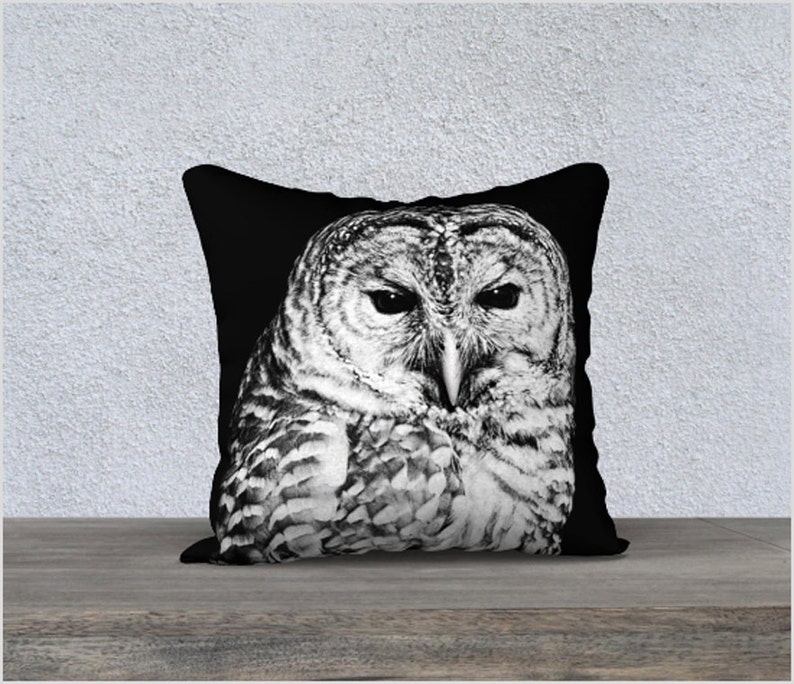 Monochrome barred owl face print velveteen pillow cover