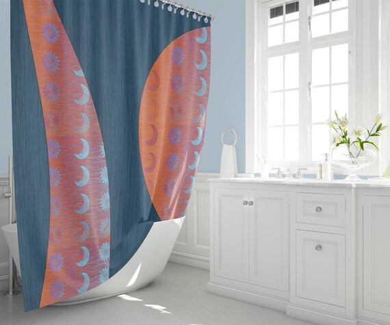Sun And Moon Abstract Blue Orange Fabric Shower Curtain Etsy