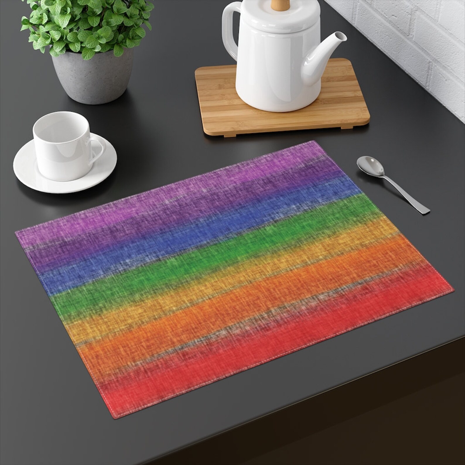Cotton Placemat in a Colourful Rainbow Stripe on Monochrome Etsy
