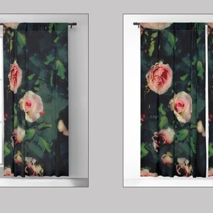 May include: A pair of sheer curtains with a floral pattern featuring pink roses on a dark green background.