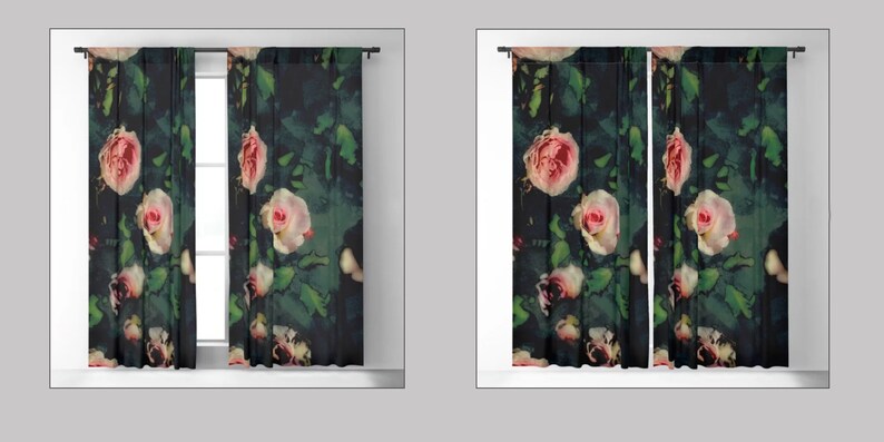 May include: A pair of sheer curtains with a floral pattern featuring pink roses on a dark green background.