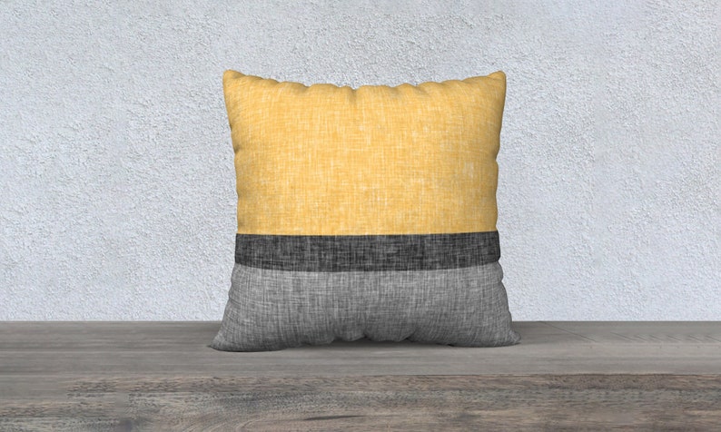 Modern Stripe Throw Pillow Cover Yellow Grey Charcoal Black, Colour Block Crosshatch Print Couch or Chair Cushion Case image 1