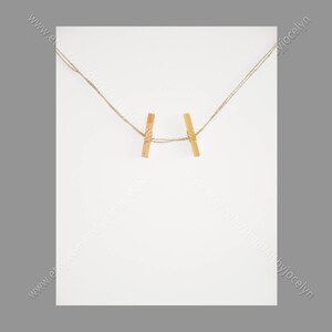 May include: Two wooden clothespins are attached to a piece of twine hanging against a white background.