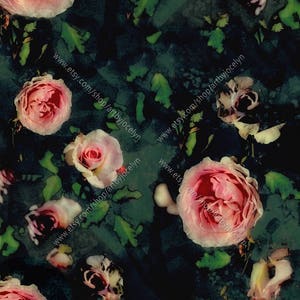 May include: A dark green watercolor background with pink roses. The roses are in various stages of bloom, some are fully open and others are just starting to open. The background is textured and has a painterly look. The text "www.etsy.com/shop/artbyjocelyn" is repeated throughout the image.