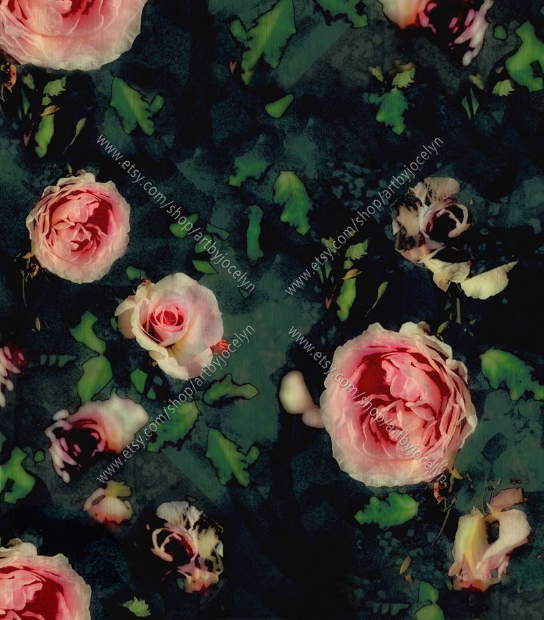 May include: A dark green watercolor background with pink roses. The roses are in various stages of bloom, some are fully open and others are just starting to open. The background is textured and has a painterly look. The text "www.etsy.com/shop/artbyjocelyn" is repeated throughout the image.