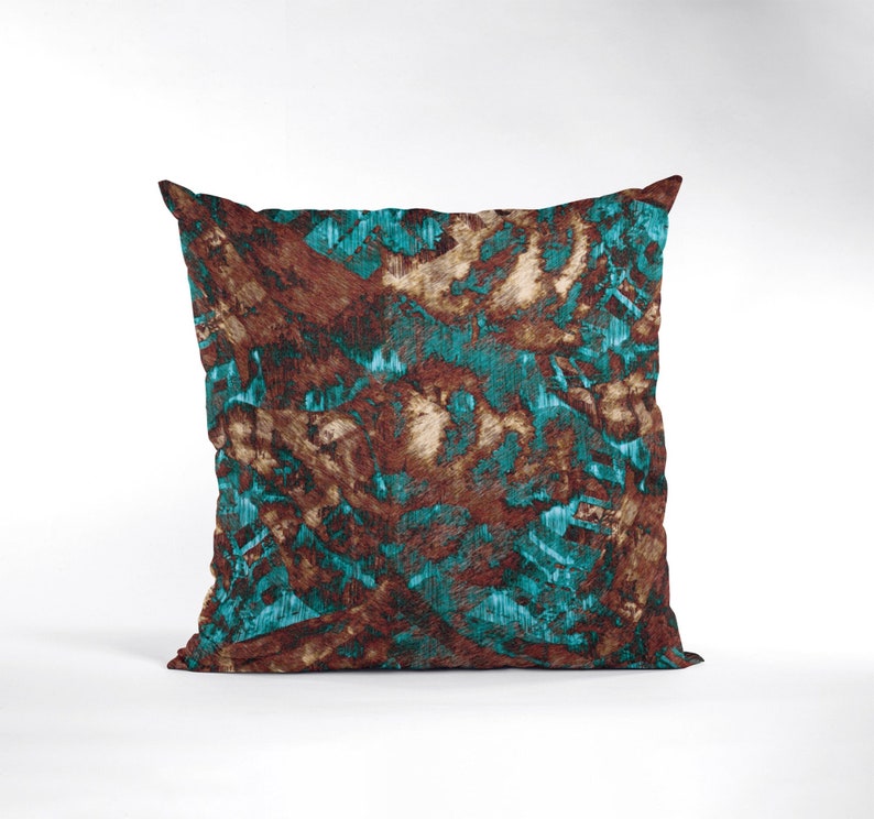 Grunge Abstract Pillow Cover, Couch or Chair Throw Cushion in Modern Distressed Scratch Print Pattern, Blue-Green Brown Tan image 1