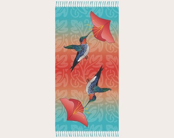 Light Fringed Cloth Exotic Hummingbird Red Hibiscus Flower Print, Boho Beach Chair Throw, Bright Exotic Colours Summer Birds Floral Sarong