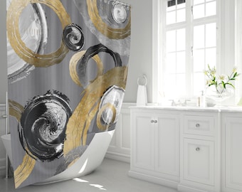 Abstract Circles Shower Curtain, Big Dirty Yellow Gold Look Distressed Rings Black White Swirl Circle Pattern Elegant Neutral  Home Decor