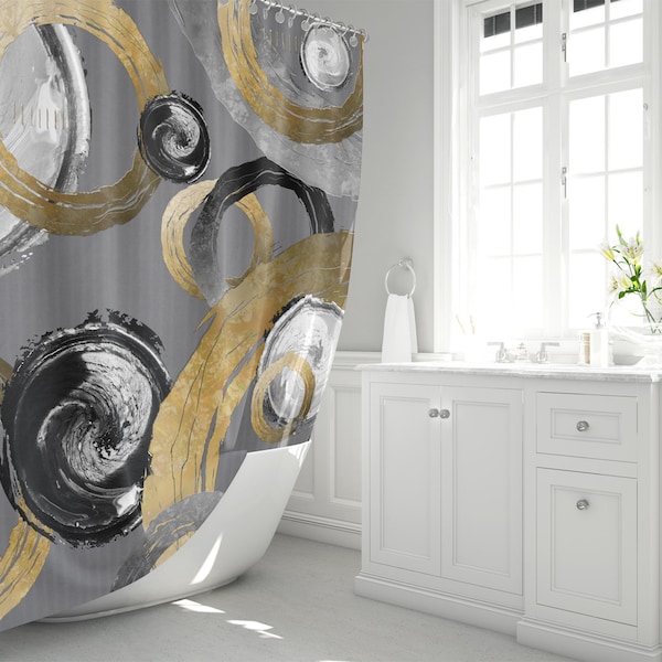 Abstract Circles Shower Curtain, Dirty Gold Yellow Black Grey Rings, Modern Home Decor
