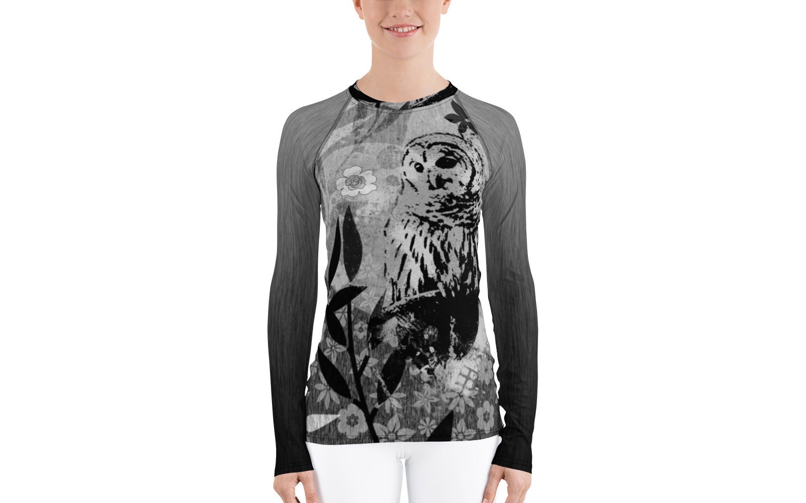 Black Grey White Owl and Flowers Women's Rash Guard, Long Sleeve Compression Fit Athletic Wear L