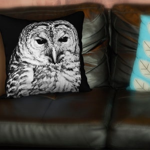 Owl Face Throw Pillow Cover Black and White, Bird Lover Home Décor, Luxurious Velveteen Cushion Case image 5