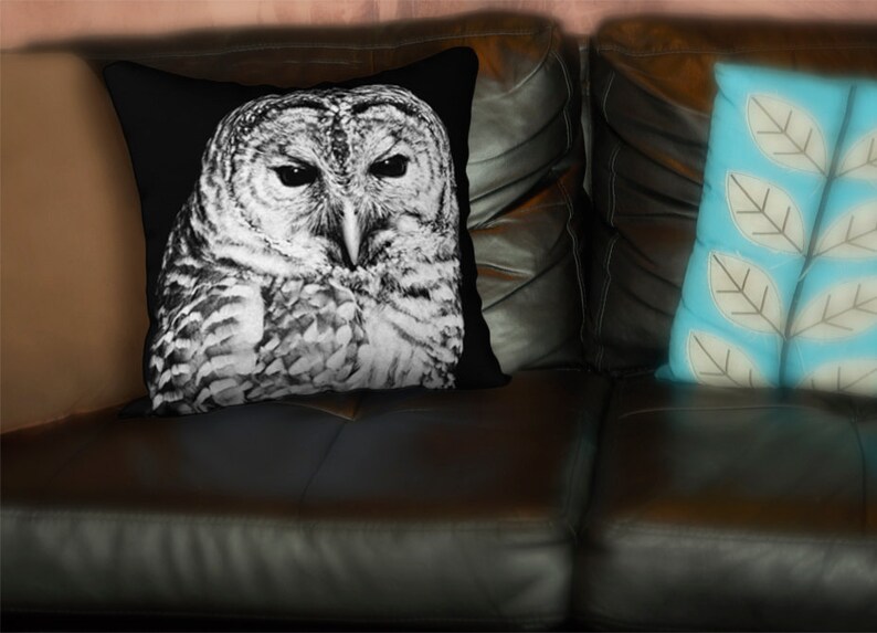 Owl Face Throw Pillow Cover Black and White, Bird Lover Home Décor, Luxurious Velveteen Cushion Case image 5