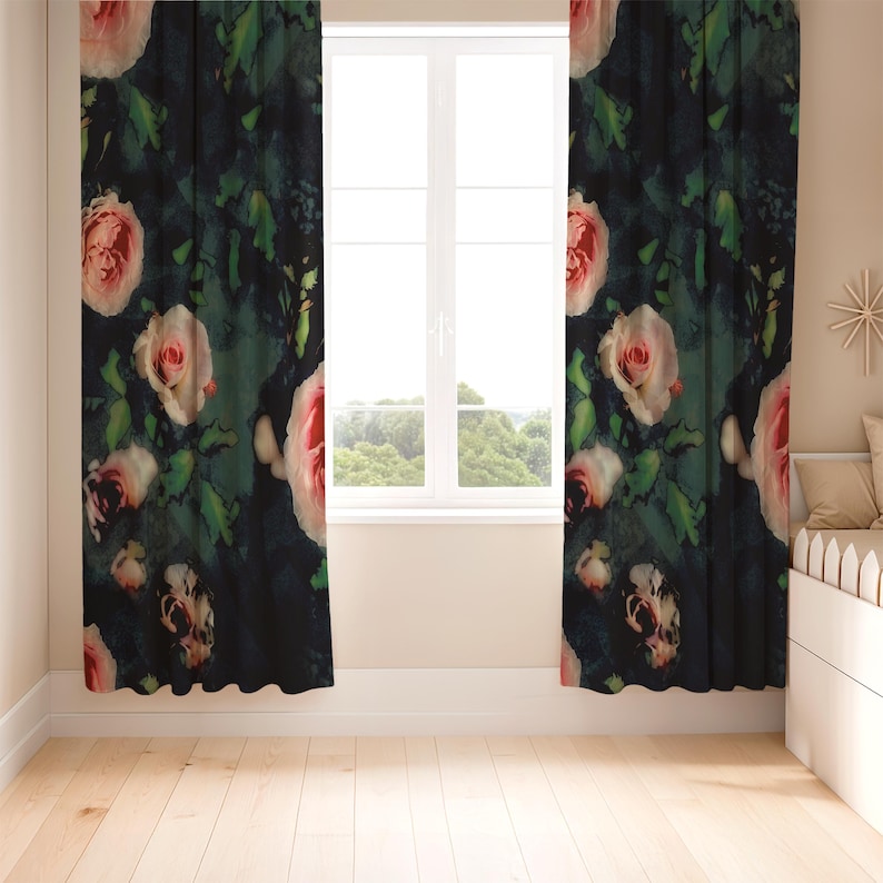 pair of window curtains in a big pink roses on green blue abstract botanical background, shown in a neutral room setting