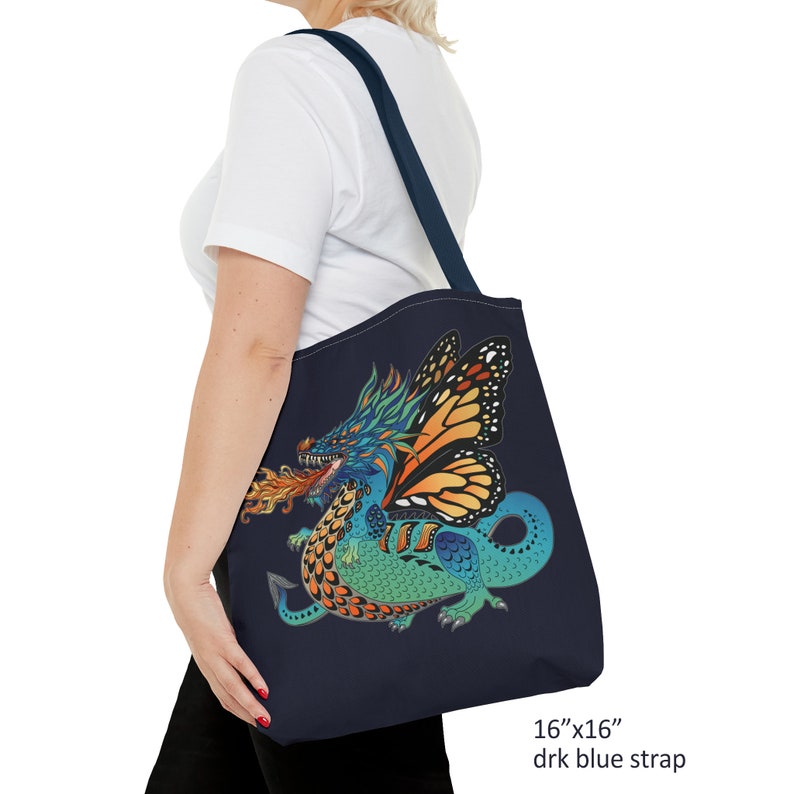 Monarch Dragon Graphic Tote Bag with Dark Blue Background, Strap Colour Options, Durable Polyester Canvas Shoulder Tote 3 Size Choices image 3