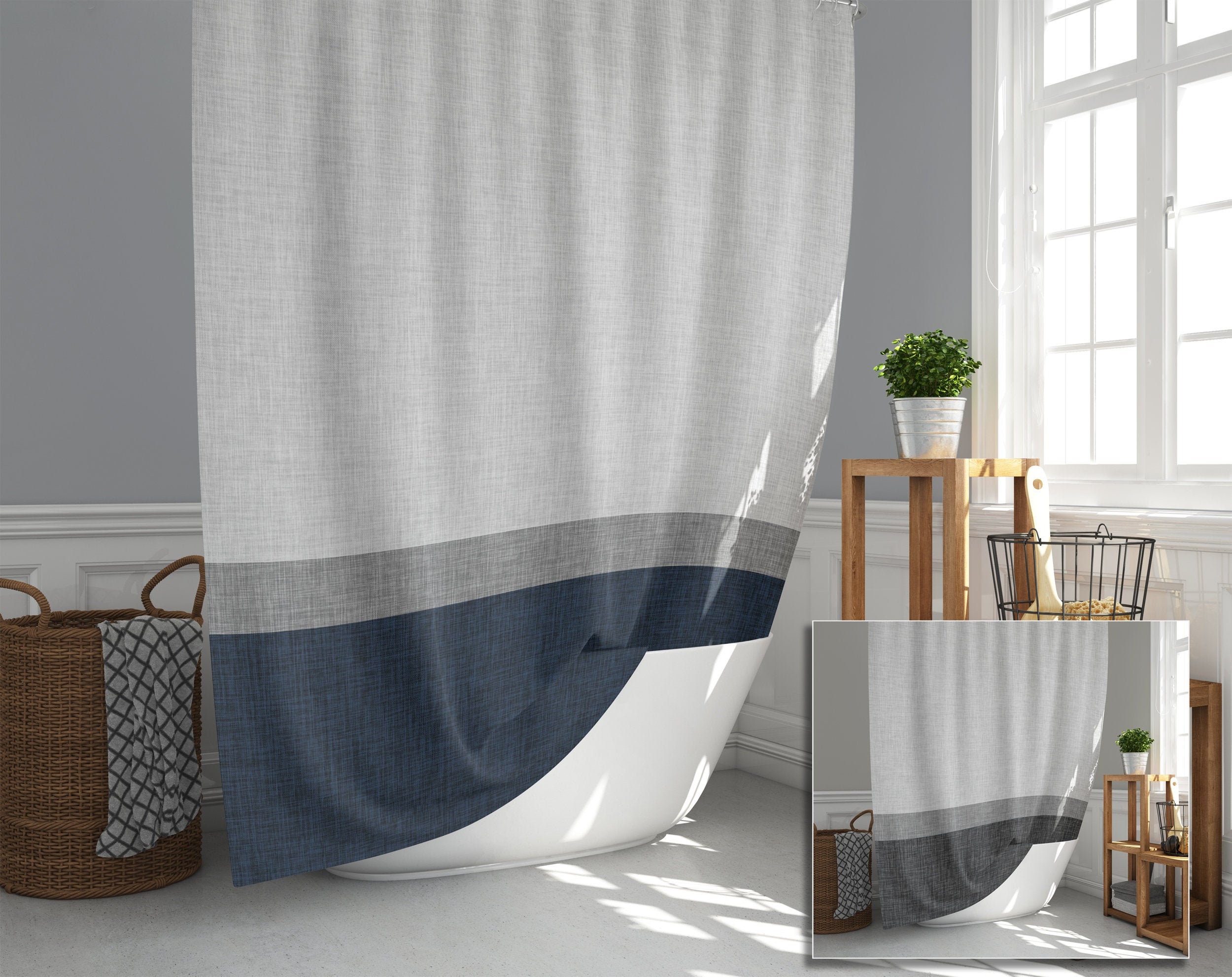 Dark Blue Grey White Shower Curtain Simple Stripe Print High Etsy