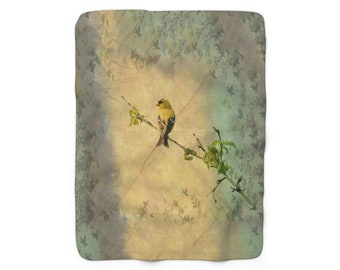 Gold Finch Bird Print Fleece Blanket, Light Weight Throw Sherpa Bottom, Gift for Grandmother, Mother's Day Home Décor Gift, SHIPS FROM USA