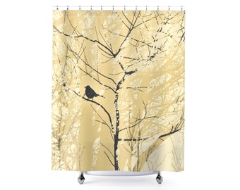 Yellow Grey Bird in Tree Shower Curtain in Polyester Weave Fabric, Machine Washable Bath Décor Graphic Mockingbird and Nature Print