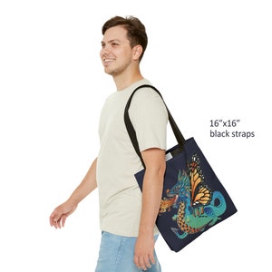 Monarch Dragon Graphic Tote Bag with Dark Blue Background, Strap Colour Options, Durable Polyester Canvas Shoulder Tote 3 Size Choices image 7