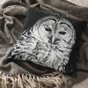 Owl Face Throw Pillow Cover Black and White, Bird Lover Home Décor, Luxurious Velveteen Cushion Case image 3