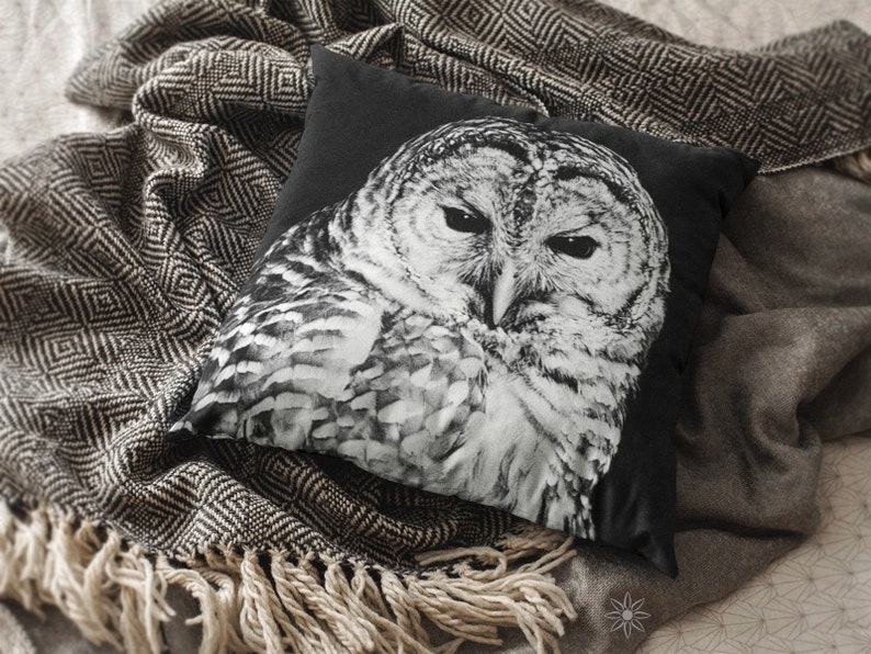 Owl Face Throw Pillow Cover Black and White, Bird Lover Home Décor, Luxurious Velveteen Cushion Case image 3