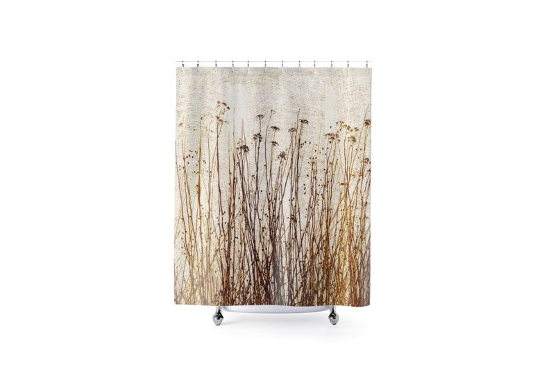 Dried Plants Primitive Gingham Pattern Shower Curtain, Modern Rustic Botanical Nature Country Home Décor, Brown Yellow Beige, Ships from USA image 1