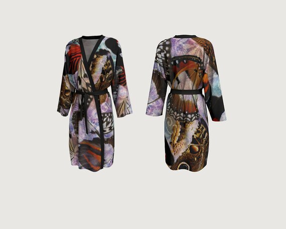 Exotic Butterfly Wings and Scrolls Peignoir Drapey Ladies/' Short Lounging Tie Belt Robe in Soft Jersey Peachskin or Poly Chiffon Fabric