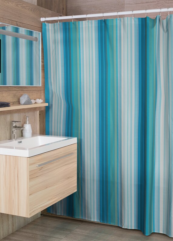 Blue Teal Stripe Fabric Shower Curtain Modern Abstract Man Etsy